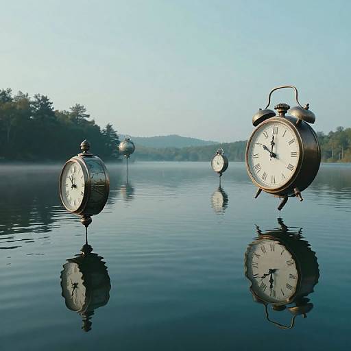 Surreal Lakeside Dreamscape with Floating Clocks