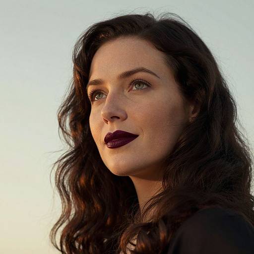 Photograph of a fair-skinned woman with long, wavy dark brown hair, striking green eyes, and deep purple lipstick, gazing thoughtfully