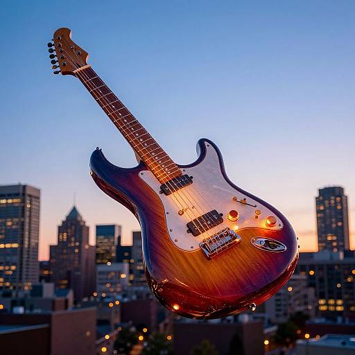 Boston Guitar Spaceship Over City Skyline
