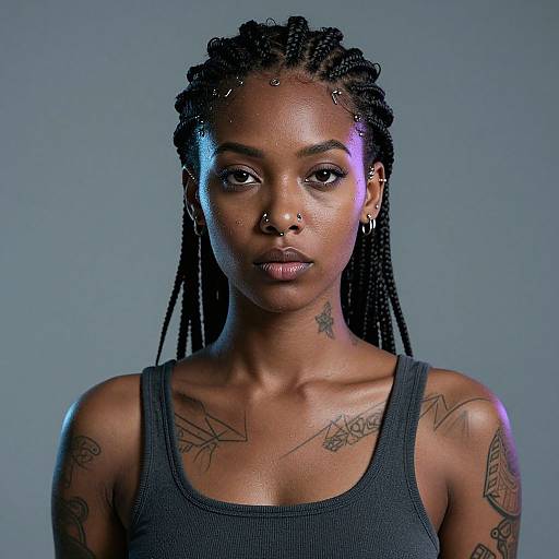 Photograph of a young Black woman with braided hair, wearing a black tank top, multiple tattoos, nose piercing, and hoop earrings, against a