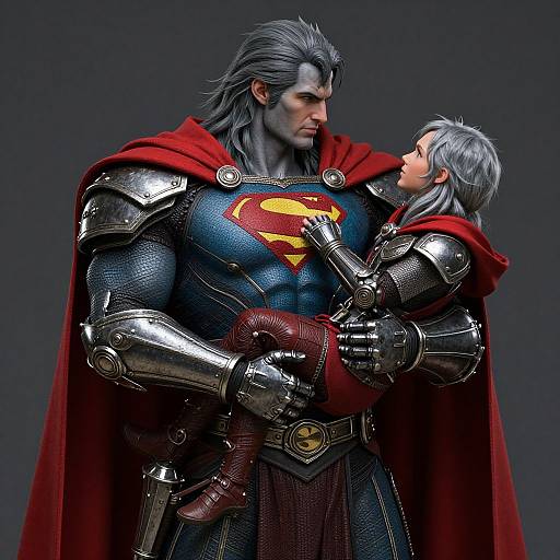 CGI image of a muscular, grey-haired Superman in silver armor with red cape, holding a smaller, white-haired armored child, both gazing at