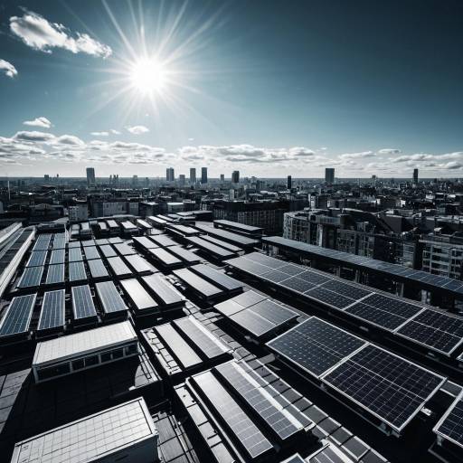 Urban Rooftop Solar Panels with City Skyline