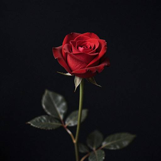 Photograph of a vibrant red rose with dark green leaves against a black background, highlighting the rose's rich, velvety petals.