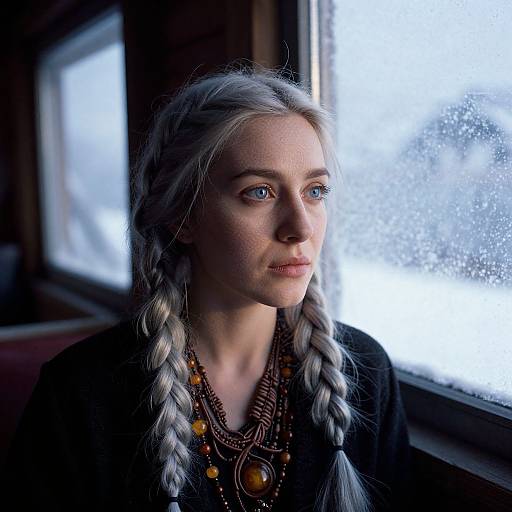 Photograph of a fair-skinned woman with silver braided hair, blue eyes, wearing ornate jewelry, gazing out a frosty window.