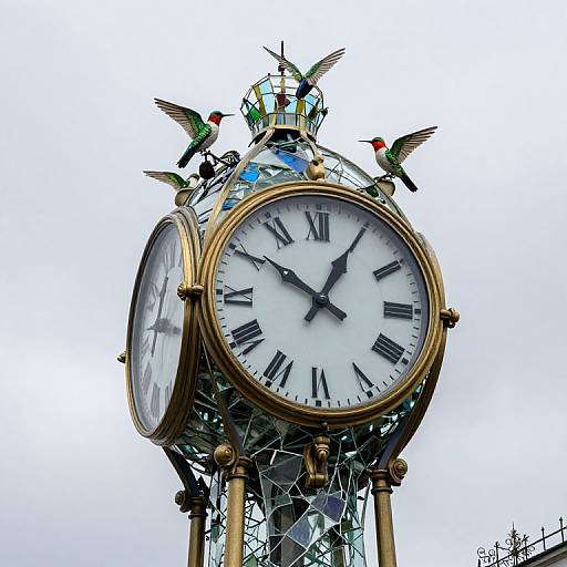 Photograph of an ornate, gold-framed clock tower with mosaic glass, Roman numerals, black hands, and colorful birds perched atop.