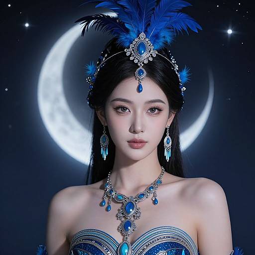 Digital portrait of an Asian woman with fair skin, black hair, and blue jewel-encrusted headpiece and jewelry, against a moonlit star