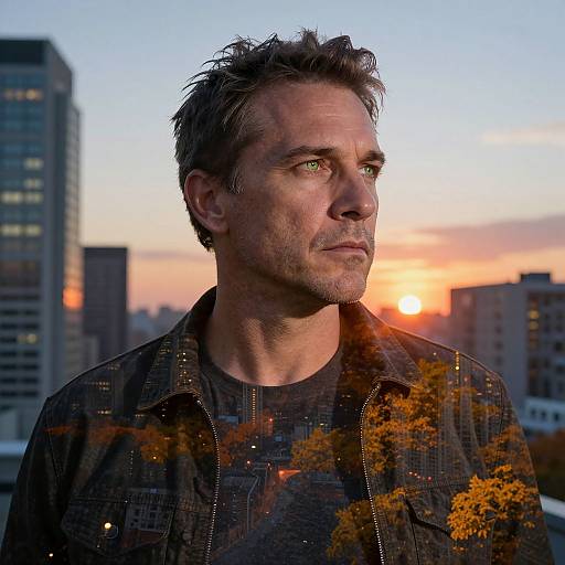 Photograph of a middle-aged man with short, messy brown hair, wearing a dark jacket, gazing at a sunset over a cityscape with blurred