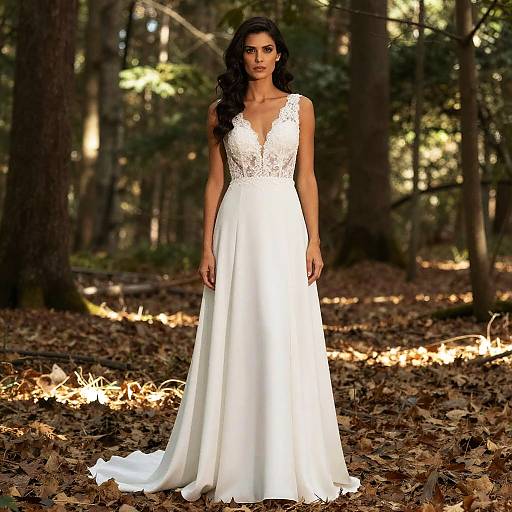 Photograph of a woman with long, dark wavy hair in a white, lace-trimmed, sleeveless wedding gown standing on a forest floor