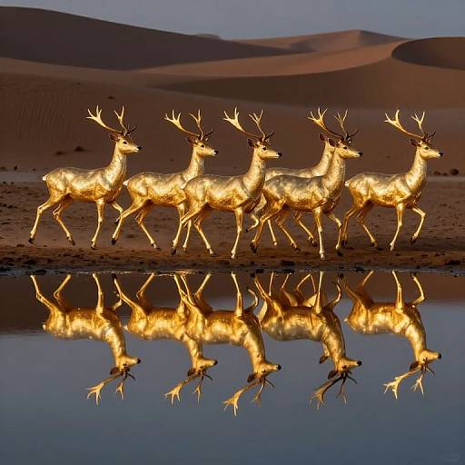 Photograph of glowing, illuminated deer with antlers walking in a desert, reflected in a still water pool, against rolling sand dunes at twilight.