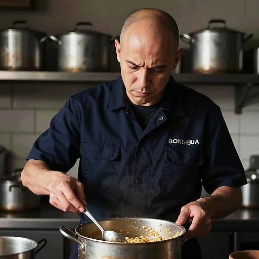 Photograph of a bald, middle-aged man in a black chef's uniform stirring a pot of yellow food in a dimly lit kitchen with metal pots