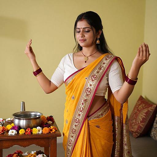 Photograph of a smiling Indian woman in an orange saree with gold embroidery, white blouse, and traditional jewelry, performing a prayer gesture in front of