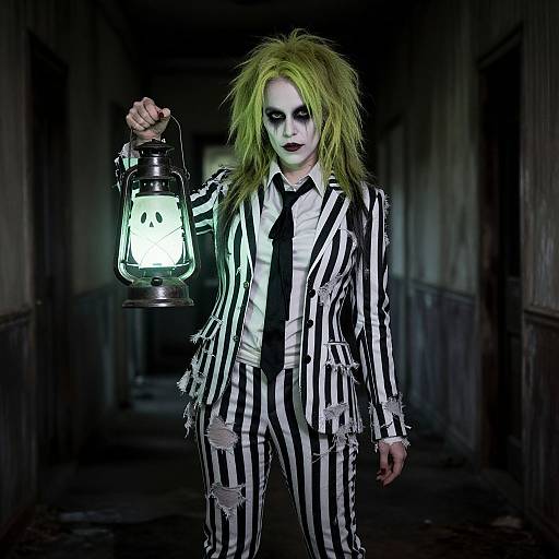 Photograph of a creepy clown with green hair, white face paint, black stripes suit, holding a glowing lantern in a dark, narrow hallway.