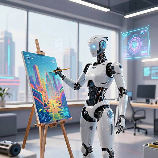 Sleek Android Artist in Futuristic Studio