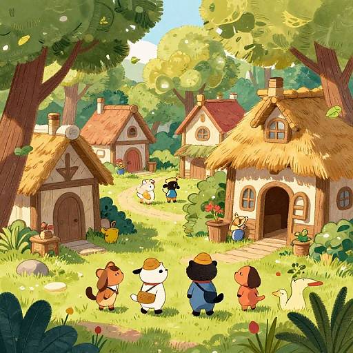 Whimsical digital illustration of a sunny, forest village with cartoon animals, charming thatched cottages, and vibrant greenery, featuring playful characters in