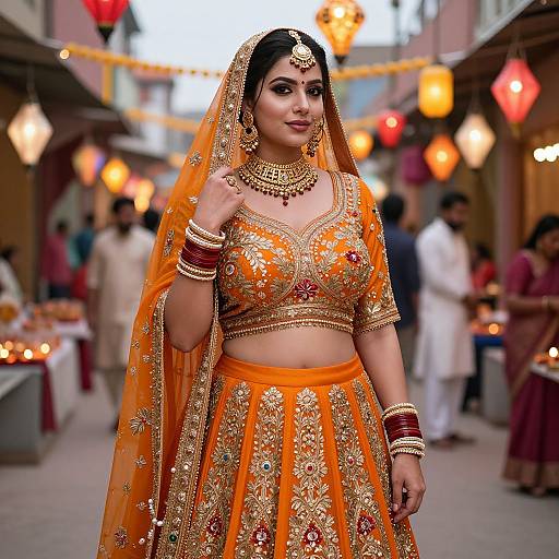 Photograph of a South Asian bride in an orange and gold embroidered traditional outfit, veil, and jewelry, standing in a festive, warmly lit market.
