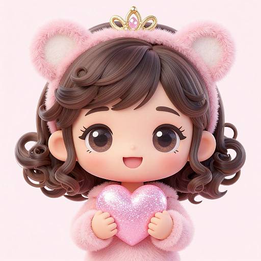 Cute digital drawing of a chibi girl with dark curly hair, wearing a pink bear hood, small gold crown, and holding a pink glittery