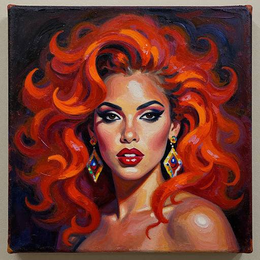 Vibrant digital painting of a woman with fiery red, voluminous hair, dramatic black eyeliner, bold red lips, and colorful diamond earrings against
