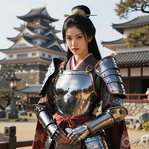 CGI image of an attractive Asian woman in shiny silver samurai armor with a red sash, standing in front of traditional Japanese castle. She has