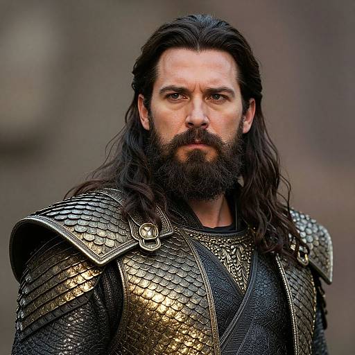 Photograph of a bearded man with long dark hair, wearing shiny, scale-patterned golden armor, standing against a blurred brown background.