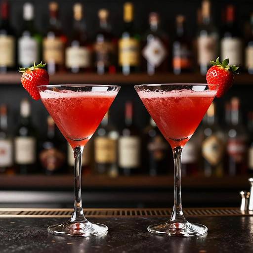 Photograph of two martini glasses with vibrant red drinks, each garnished with a fresh strawberry, on a dark bar counter. Blurred background of