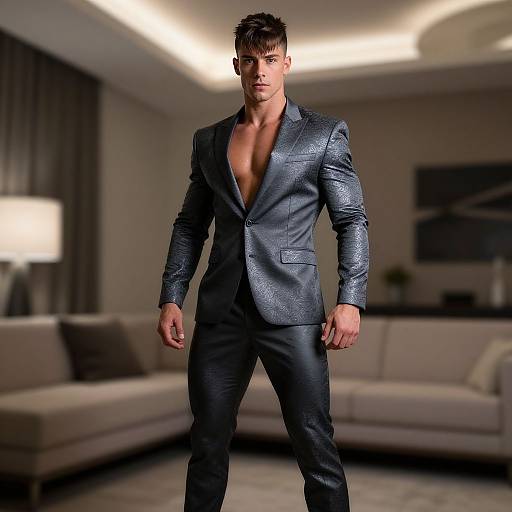Photograph of a muscular, attractive man with short brown hair, wearing a shiny black leather suit, unbuttoned to reveal a chiseled chest