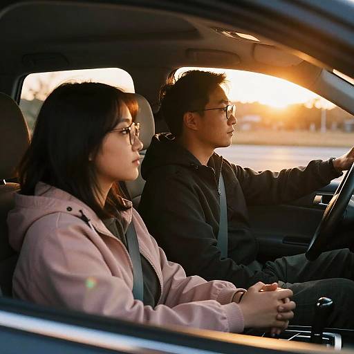 Couple Driving at Sunset Glow
