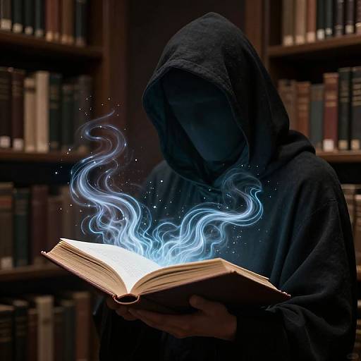 Mysterious figure in black hooded robe conjures blue ethereal flames from open book in dimly lit library. Photographic realism.