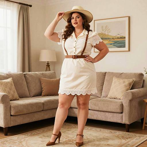 Plus Size Woman in 70s Inspired Outfit in Living Room