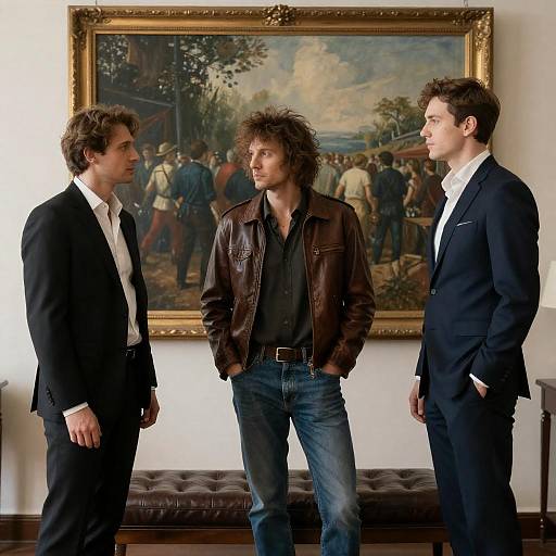 Three Men by Framed Painting and Bench