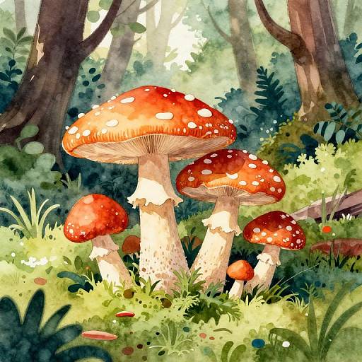 Watercolor Vibrant Toadstools in Forest