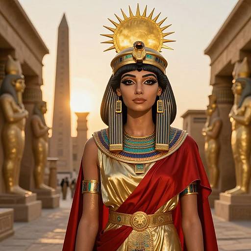 Digital artwork of an Egyptian queen with dark skin, black bob hair, gold sun crown, red and gold dress, standing in ancient temple with golden statues