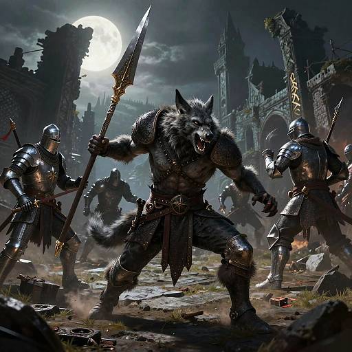 Digital fantasy artwork: Muscular werewolf warrior with fur-covered chest and leather loincloth, wielding spear, battles armored knights under full moon in ruined