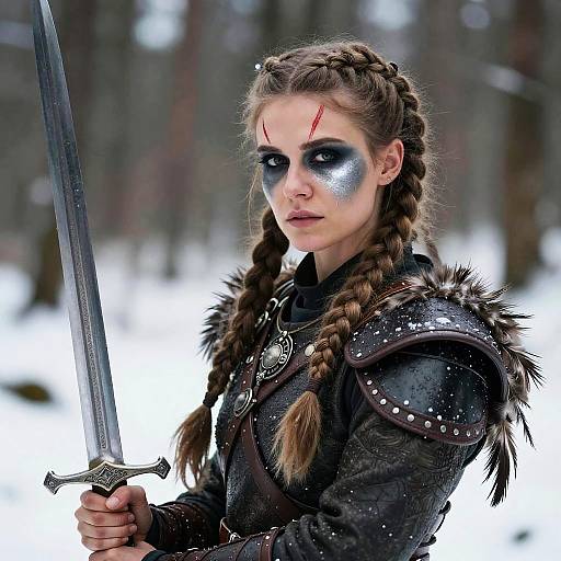 Photograph-style digital art of a fierce, fair-skinned woman with braided hair, dark eye makeup, sword in hand, wearing armored fur-c