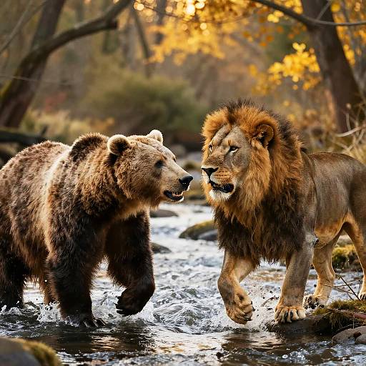 Photograph of a brown bear and a male lion walking through a shallow, sunlit forest stream, with autumn foliage in the background.