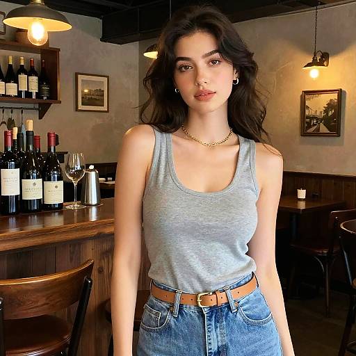 Casual Streetwear Woman in Cozy Bar