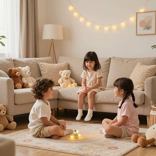 Photograph of two young girls with black hair, sitting on a beige carpet in a cozy living room, playing with a lit candle in front of a