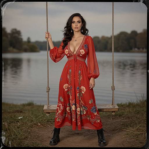 Photograph of a dark-haired woman with medium skin tone, wearing a red floral dress with deep V-neck, standing on a wooden swing by a lake