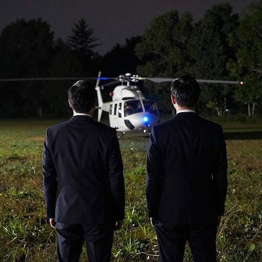 Men in Suits by Helicopter at Night