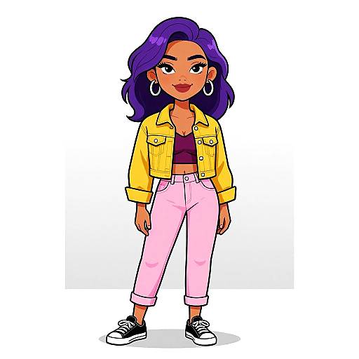 Colorful digital illustration of a confident woman with purple hair, wearing a yellow jacket, black top, pink pants, and black sneakers.