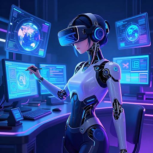 Cybernetic woman with glowing blue visor and white bodysuit interacts with holographic screens in a futuristic, neon-lit control room.