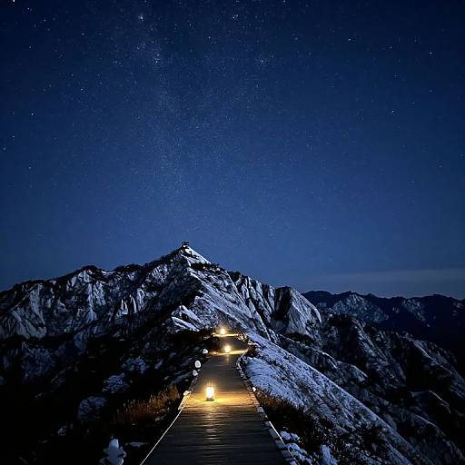 Photograph of a snow-covered mountain road at night, illuminated by car headlights, with a starry, deep blue sky above.
