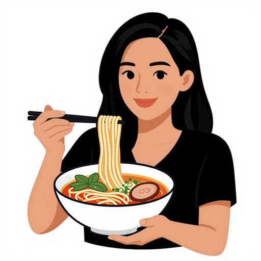 Digital illustration of an Asian woman with long black hair, smiling, holding a bowl of ramen with noodles, chopsticks, and garnishes. She wears
