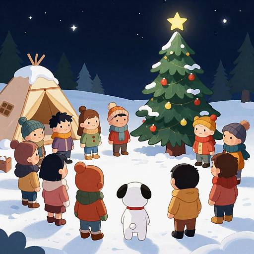 Joyful Winter Night with Children and Dog