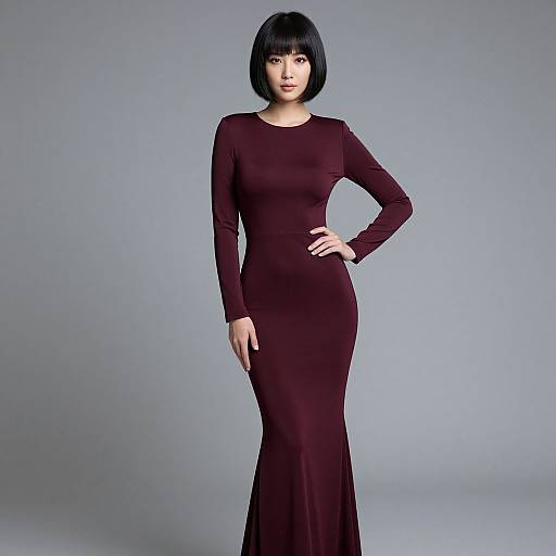 East Asian woman with short black bob wearing a form-fitting, long-sleeve burgundy gown, standing against a plain gray background.