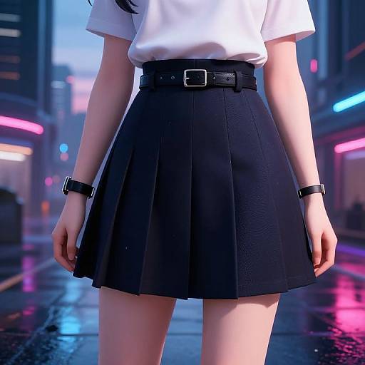 Digital art of a woman in a white top and black pleated skirt, wearing a belt and wristwatch, standing on a neon-lit, rain