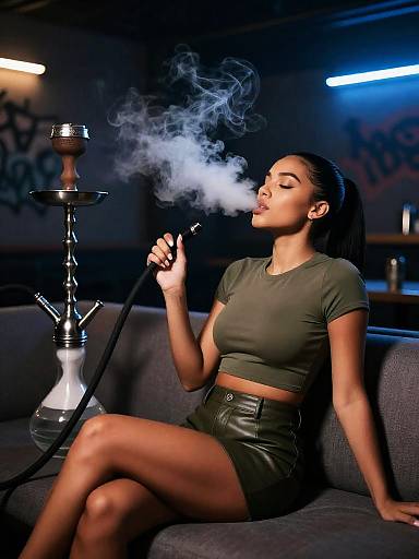 Woman Smoking Shisha in Modern Hookah Lounge