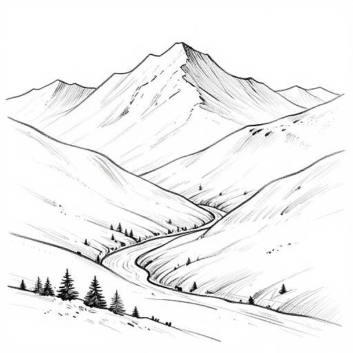 Black-and-white line drawing of a winding mountain road with evergreen trees, leading up to a jagged mountain peak.