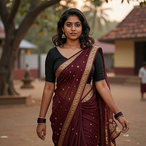 Photograph of a confident Indian woman with medium brown skin, wearing a maroon sari with gold trim, black top, and gold earrings, standing