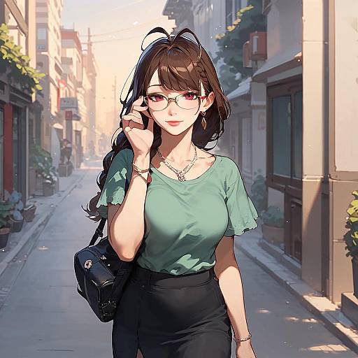 Digital anime-style drawing of a smiling, bespectacled woman with long brown hair, green blouse, black skirt, and black bag, walking down