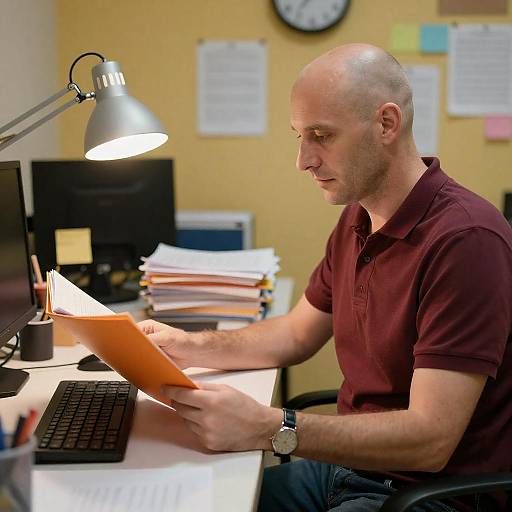 Bald Man in Maroon Polo Reviewing Documents